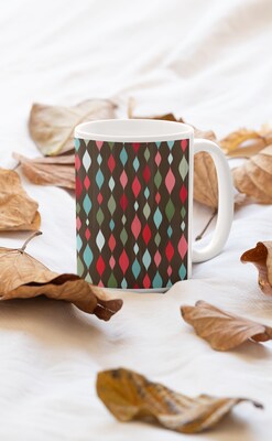 12oz Coffee Mug Retro Streamers Cherry Pie Print on Dark Brown. High-quality sublimation inks on ceramic mug. Mid Century Modern Mug - image1
